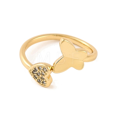 Butterfly & Heart Brass Micro Pave Cubic Zirconia Open Cuff Ring for Women RJEW-U003-02G-1