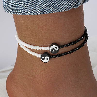 2Pcs Yin-yang Polymer Clay Glass Seed Beaded Stretch Anklet Sets for Women FS-WG3863F-01-1