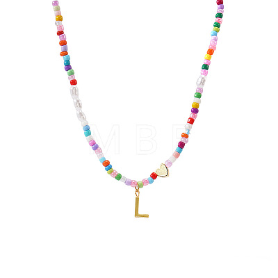 Colorful Beaded Heart Letter Necklace with Pearl Elements Stainless Steel Pendant Jewelry TR2146-12-1