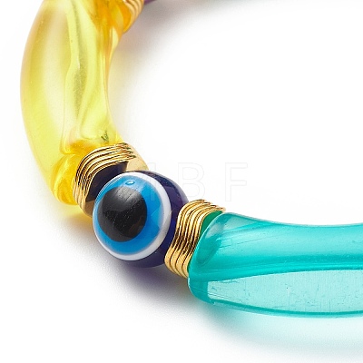 7Pcs 7 Color Acrylic Curved Tube & Plastic Evil Eye Beaded Stretch Bracelets Set BJEW-JB08962-1