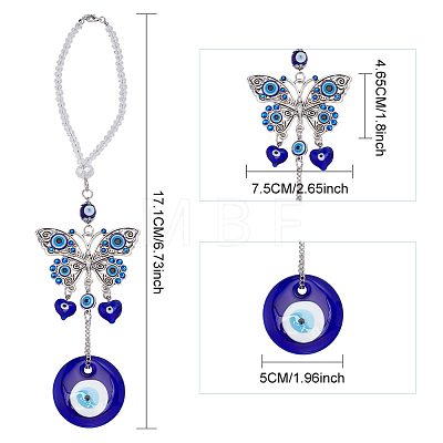 Blue Evil Eye with Butterfly Car Hanging Decoration Ornament HJEW-WH0043-34-1