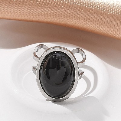 Oval Natural Black Agate Finger Rings RJEW-M062-02P-03-1