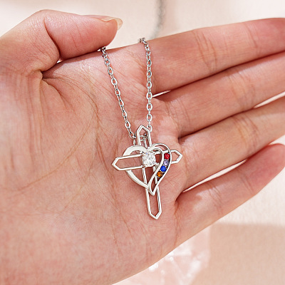 Mother's Day Brass Micro Pave Colorful Cubic Zirconia Heart Cross Pendant 304 Stainless Steel Cable Chain Necklaces for Women WGBC0BB-01-1