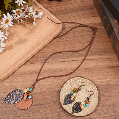 Bohemian Style Leaf Alloy & Wood Pendant Necklaces & Dangle Earrings Sets SJEW-CL0001-03-1
