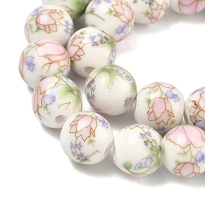 Handmade Flower Printed Porcelain Ceramic Beads Strands PORC-M007-10mm-07-1