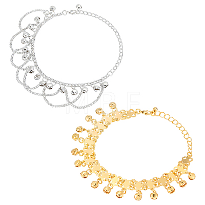 2Pcs 2 Styles Alloy Bell Chain Tassel Anklets AJEW-ME0002-98-1