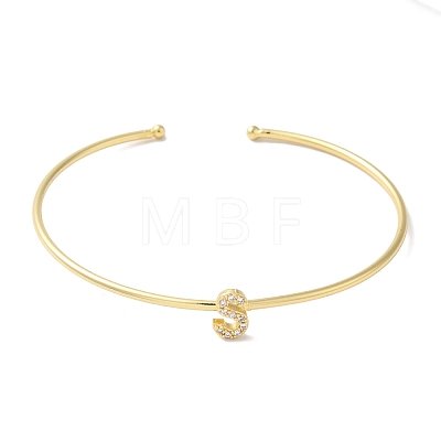 Rack Plating Brass Micro Pave Clear Cubic Zirconia Letter Open Cuff Bangles BJEW-A018-01G-S-1