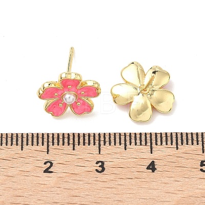 Flower Brass & ABS Plastic Pearl Stud Earrings EJEW-P336-07G-07-1