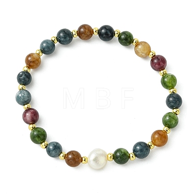Natural Green Jade Imitation Tourmaline & Freshwater Pearl & Brass Round Beaded Bracelets for Women BJEW-JB13931-1