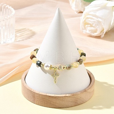Brass Micro Pave Clear Cubic Zirconia Charm Natural Golden Silk Jade Round and Faceted Cube African Turquoise(Jasper) Beaded Stretch Bracelets for Women BJEW-JB14378-01-1