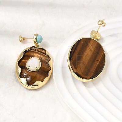 Brass & Natural Tiger Eye Dangle Stud Earrings G-B186-04G-1