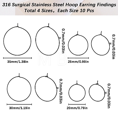 SUNNYCLUE 40Pcs 4 Style 304 Stainless Steel Hoop Earring Findings STAS-SC0007-30-1
