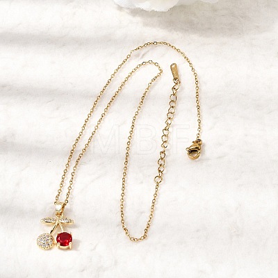 Brass Pave Clear and Red Cubic Zirconia Cherry Pendant 304 Stainless Steel Cable Chain Necklaces for Women NJEW-H092-05G-1