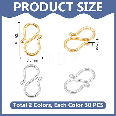 60Pcs 2 Colors 304 Stainless Steel S-Hook Clasps STAS-UN0063-31-1