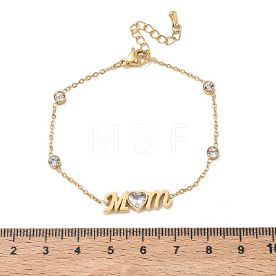 Mother's Day 304 Stainless Steel Cubic Zirconia Word Mom Link Bracelets BJEW-L721-02G-1