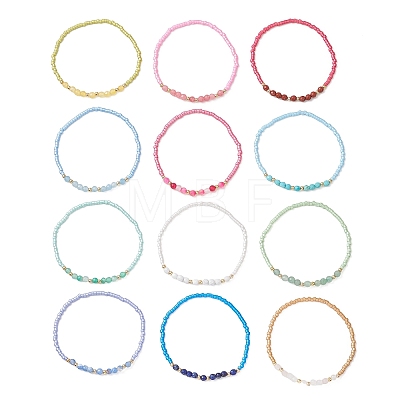 12Pcs Glass Seed Bead & Natural Mixed Gemstone Beads Bracelets for Women BJEW-MZ00311-1