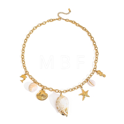 304 Stainless Steel with Natural Shell Starfish Sea Horse Pendant Bib Necklaces for Women FS-WG01E94-02-1