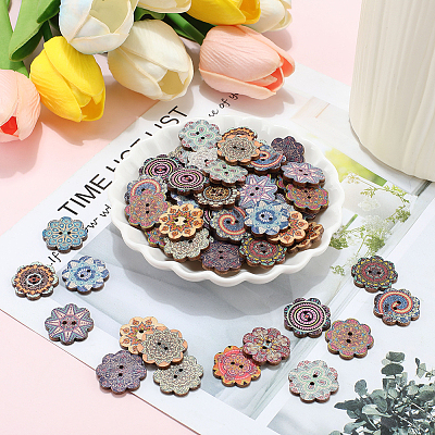 200Pcs Printed Wood Buttons WOOD-GF0002-31-1