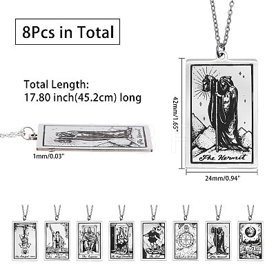 8Pcs 8 Style 201 Stainless Steel Tarot Card Pendant Necklace with 304 Stainless Steel Chains NJEW-AB00023-1