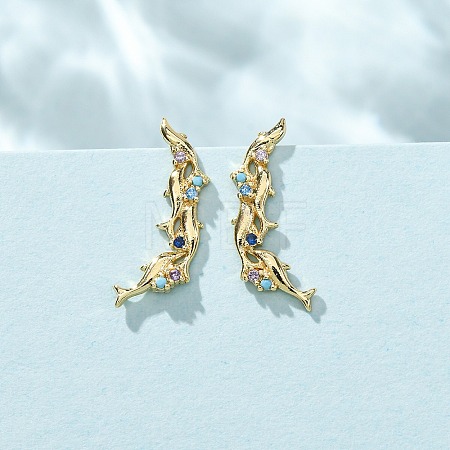 Brass Pave Cubic Zirconia Stud Crawler Earrings KK-CBAA351-20G-02-1