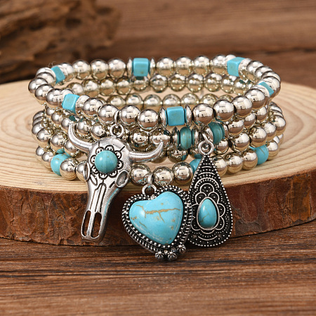 4Pcs Synthetic Turquoise & CCB Beaded Stretch Bracelets FS-WGC8DBE-07-1