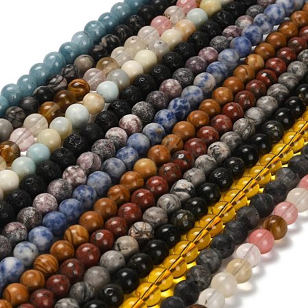 Natural Wood Lace Stone/Blue Spot Jasper/Black Netstone/Opal/Cherry Blossom Glass Beads Strands G-P562-C-02-1