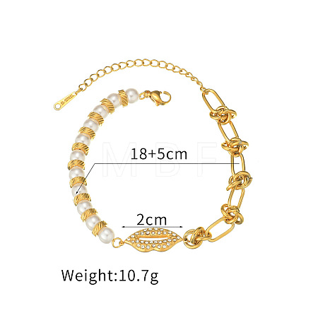 304 Stainless Steel Rhinestone Link Bracelets for Women with Imitation Pearl Beads WG73042-03-1
