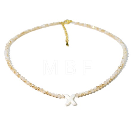 Natural White Shell Letter Faceted Glass Beaded Necklaces with 304 Stainless Steel End Chains SS7282-23-1