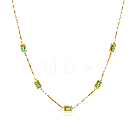 Elegant 304 Stainless Steel Pave Rectangle Green Cubic Zirconia Link Chain Necklaces for Women FB8248-2-1