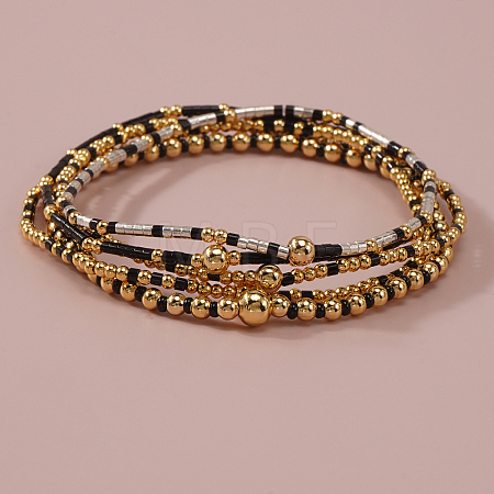 5Pcs 5 Styles Bohemian Style Glass Seed Bead & Brass Beads Stretch Bracelets Set for Women XX3462-4-1