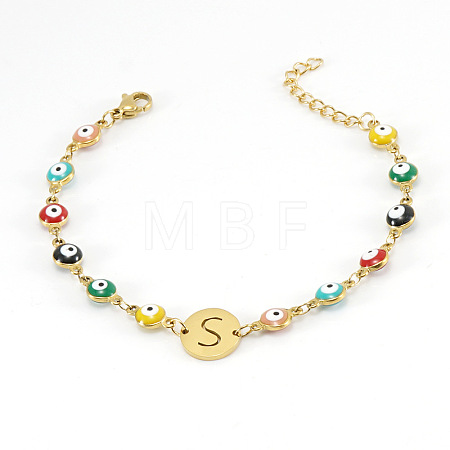 Colorful 304 Stainless Steel & Evil Eye Enamel Flat Round Link Bracelets FS-WGB13F5-19-1