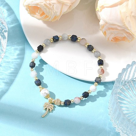 Brass Micro Pave Clear Cubic Zirconia Charm Natural Aquamarine Round and Faceted Cube Lapis Lazuli Beaded Stretch Bracelets for Women BJEW-JB14378-02-1