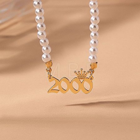Alloy Crown Birth Year Pendant Imitation Pearl Round White Beaded Necklaces for Women FS-WG173C9-40-1