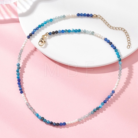 3.5MM Faceted Round Natural Apatite & Kyanite and Potato Natural Pearl Beaded Necklaces with 304 Stainless Steel End Chains NJEW-JN05974-01-1
