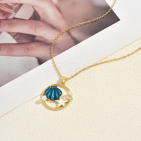 Bohemian Ocean Brass Enamel with Imitaiton Pearl Ring with Starfish and Shell Pendant Necklaces for Women QC9894-1