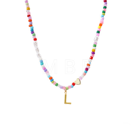 Colorful Beaded Heart Letter Necklace with Pearl Elements Stainless Steel Pendant Jewelry TR2146-12-1