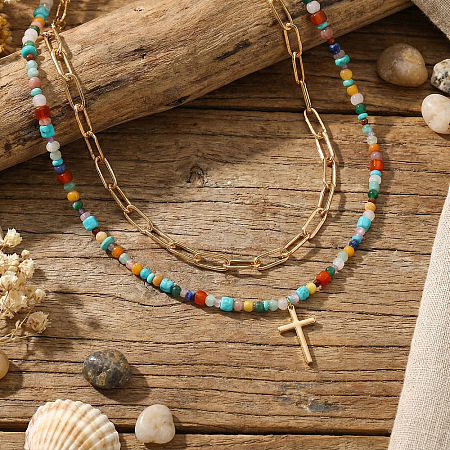 304 Stainless Steel Cross Pendant Paux Pearl & Glass & Mixed Stone Beaded Double Layer Necklaces for Women WU1738-2-1