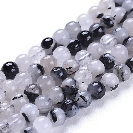 Natural Tourmalinated Quartz/Black Rutilated Quartz Beads Strands G-E558-04-6mm-1
