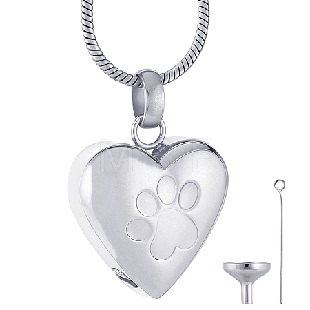 1Pc Stainless Steel Paw Print Heart Urn Ashes Pendant Necklaces NJEW-CN0001-15P-1