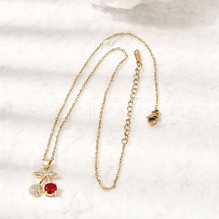 Brass Pave Clear and Red Cubic Zirconia Cherry Pendant 304 Stainless Steel Cable Chain Necklaces for Women NJEW-H092-05G-1