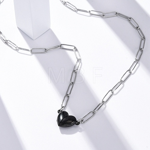 304 Stainless Steel Double-Sided Magnetic Heart Pendant Paperclip Chain Necklaces NJEW-U028-02B-1