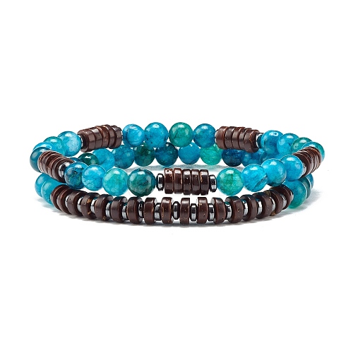 Natural Chalcedony & Synthetic Non-magnetic Hematite Beads Energy Stretch Bracelets Set BJEW-JB07142-03-1