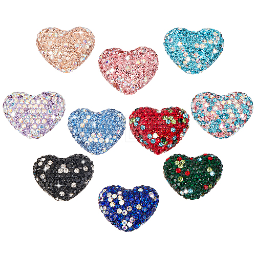   10Pcs 10 Color Heart Handmade Polymer Clay Rhinestone Beads CLAY-PH0001-90-1