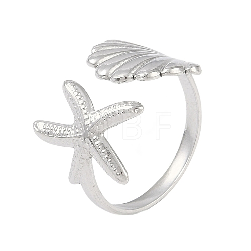 304 Stainless Steel Starfish & Shell Open Cuff Rings for Women RJEW-C095-09P-1