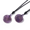 Natural Amethyst Flat Round with Flower of Life Pendant Necklace with Nylon Cord for Women NJEW-P274-02-02-1