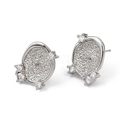 Brass Micro Pave Clear Cubic Zirconia Flat Round Stud Earring Findings KK-H524-08P-1
