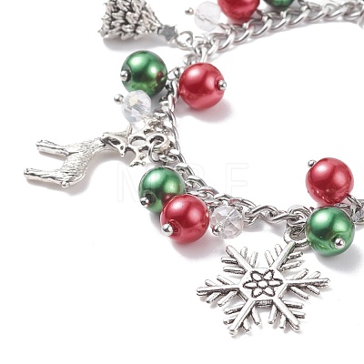 Christmas Gift Box & Tree & Snowflake & Reindeer Alloy Charm Bracelet with Glass Pearl BJEW-TA00097-1