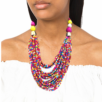 Bohemian Alloy & Resin & Glass Seed Beaded Multilayer Necklaces & Dangle Earrings FS-WG32A45-07-1