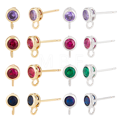 8 Pairs 8 Color Brass Micro Pave Cubic Zirconia Stud Earring Findings KK-BC0011-48-1