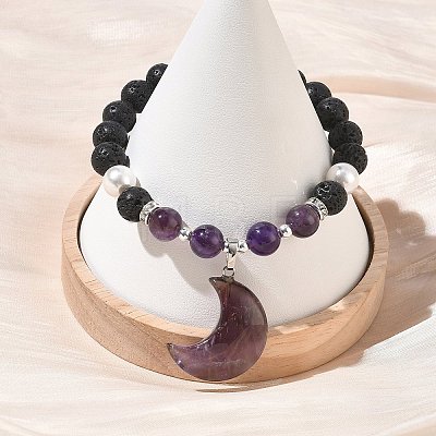 Natural Amethyst & Lava Rock & Shell Pearl Charm Bracelets BJEW-JB13705-02-1